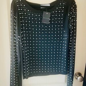 Black Mesh Embelished statement top with Pearls and Rhinestones